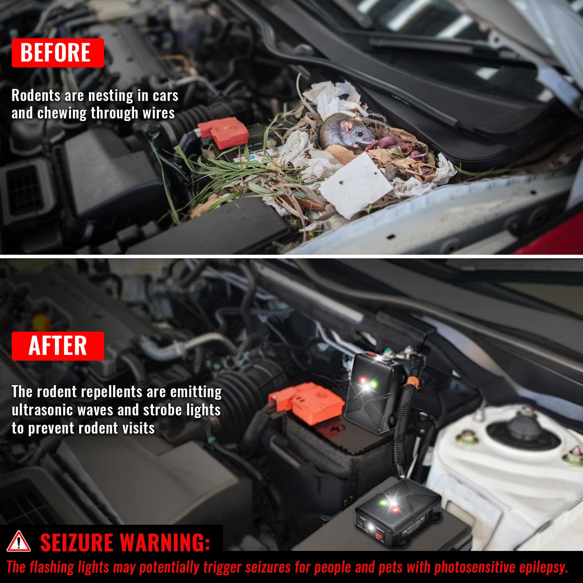 Battery-powered rodent deterrent provides up to 60 days of protection for stored vehicles
