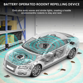 Loraffe device with dual LED strobe lights deters mice beneath the engine bay