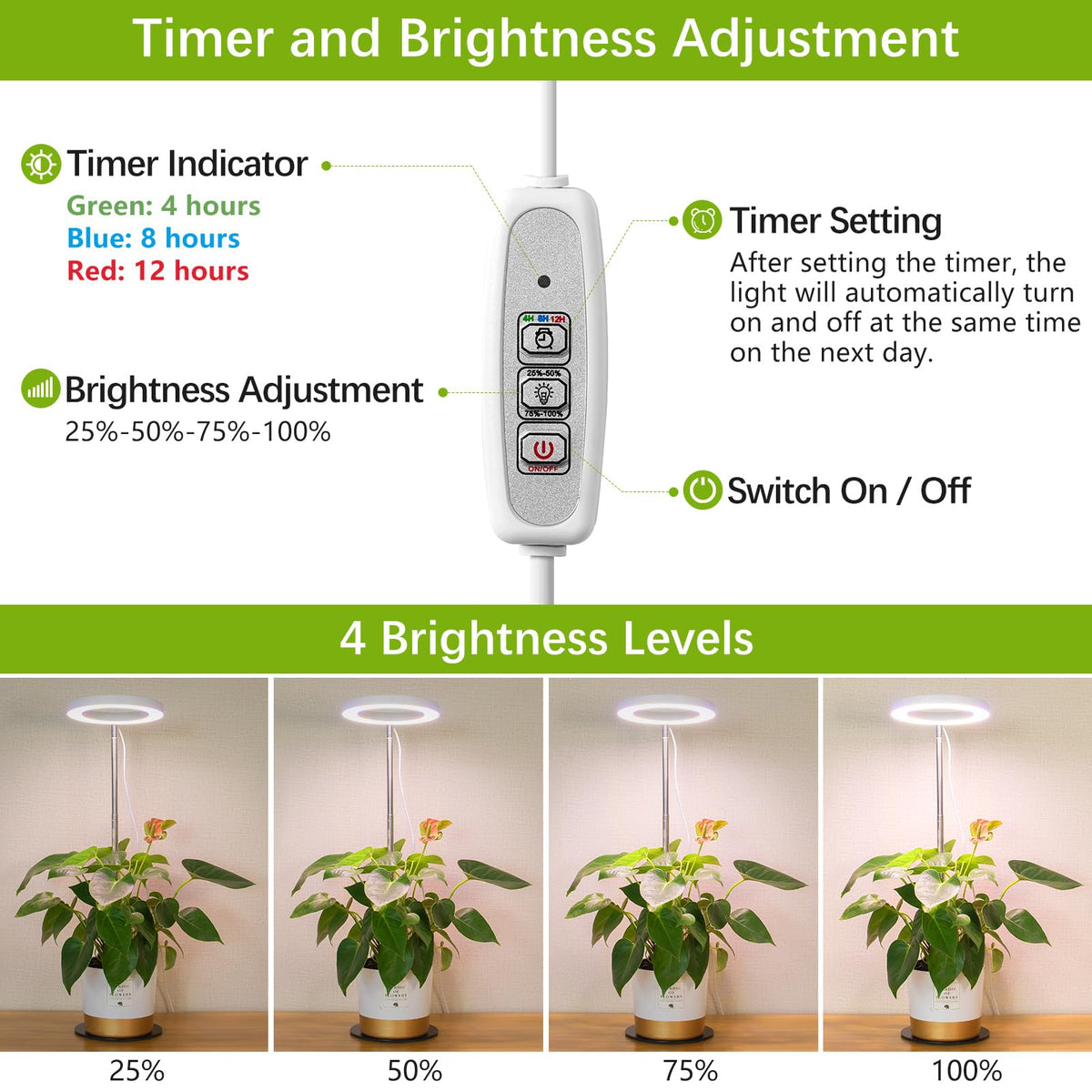 LORDEM Grow Light with four dimmable settings lets you tailor brightness for each plant