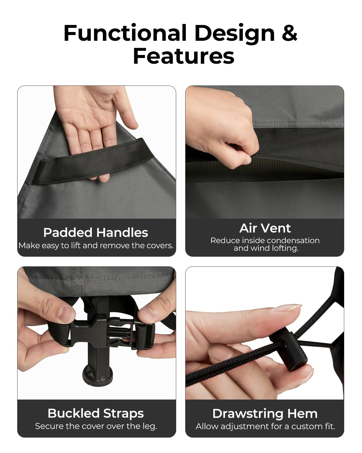 Loriano 600D fabric delivers rugged, durable protection for outdoor sets.