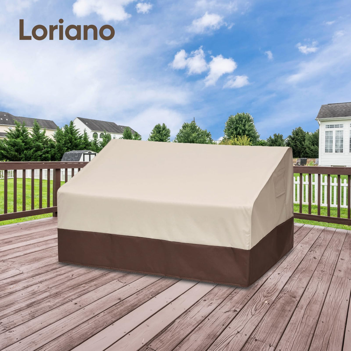 Loriano loveseat cover in use demonstrates reliable all-weather protection for your outdoor furniture.