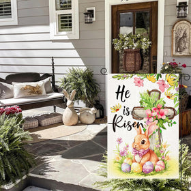 LosFong He Is Risen flag burlap material offers durable outdoor decoration.