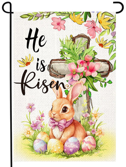 LosFong He Is Risen flag with Easter eggs and bunny for a cheerful yard display.