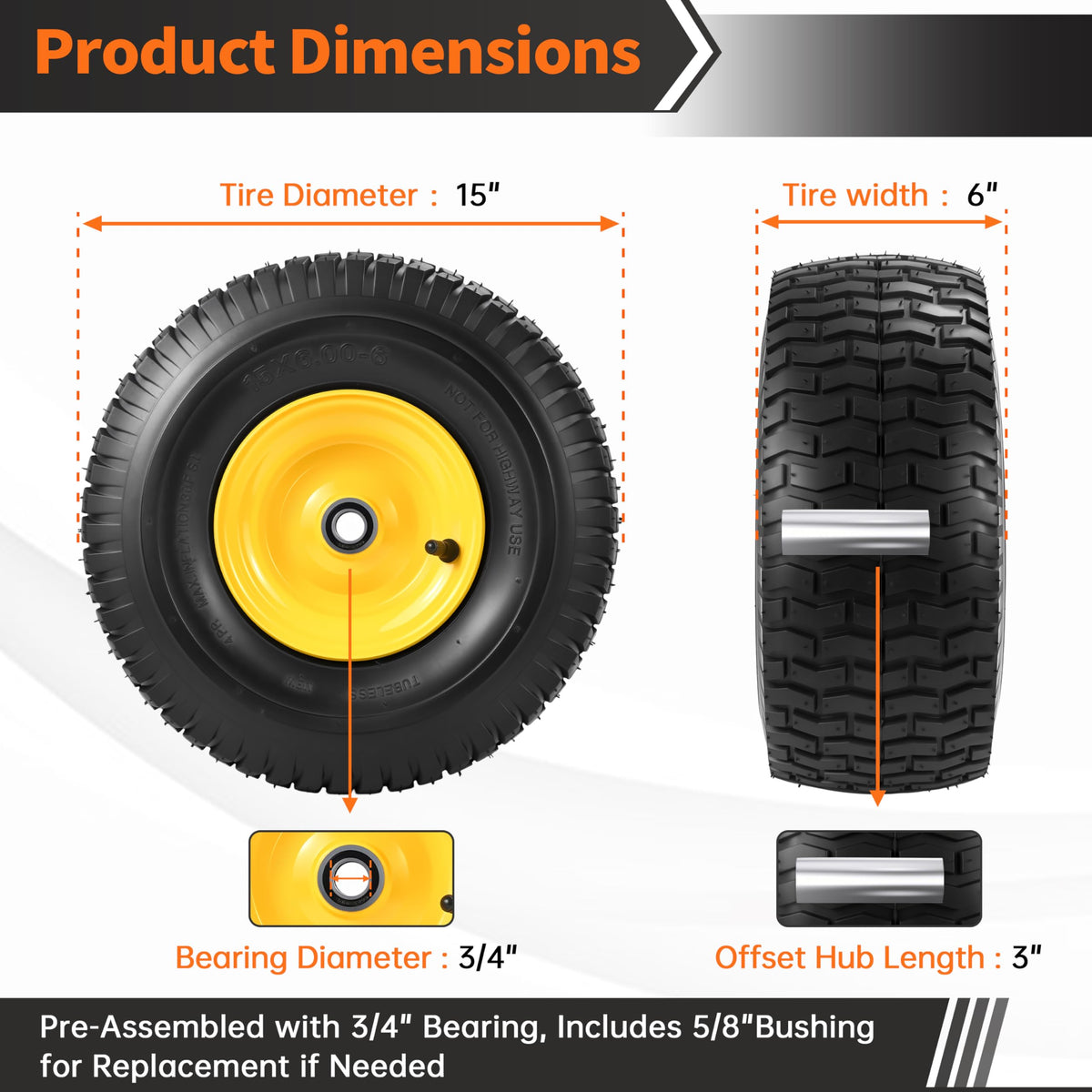 LotMove 15x6-00-6 tire-wheel set arrives pre-assembled for quick installation.