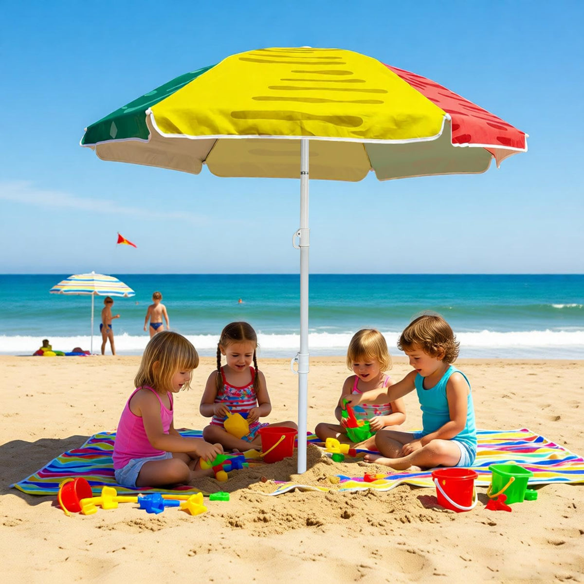 LOTTAFUN sand anchor kit secured in sand to keep umbrella steady.