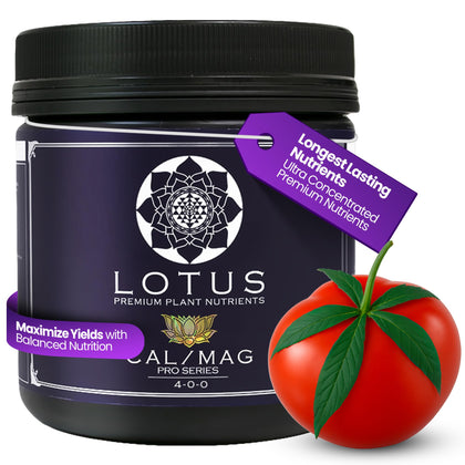 Lotus Nutrients Cal-Mag Pro bottle supports balanced calcium and magnesium in hydroponics.