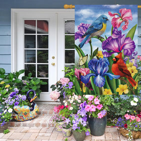 Louise Maelys burlap garden flag showcases irises and cardinal birds to boost curb appeal