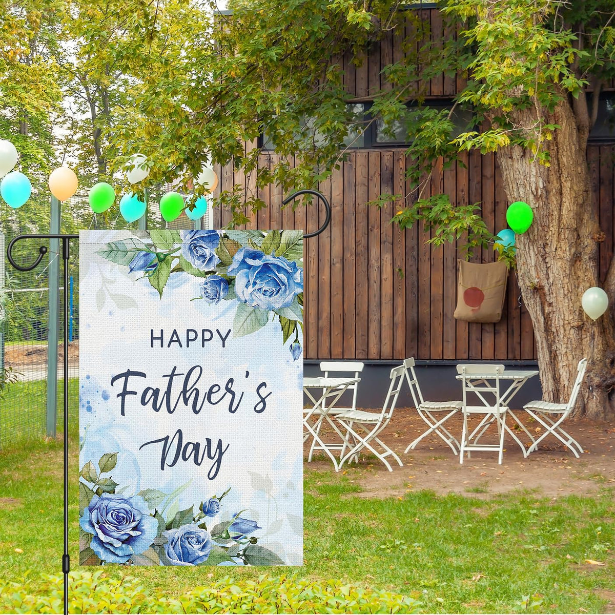 Louise Maelys burlap texture flag adds rustic outdoor appeal.