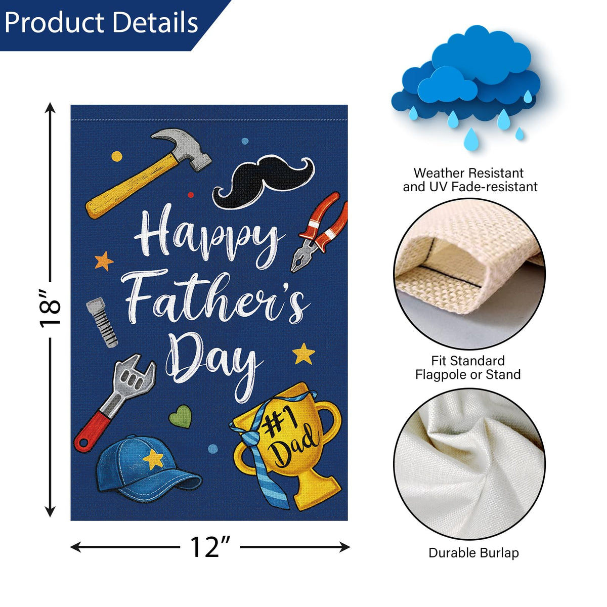 Louise Maelys Father's Day flag features mustache and trophy motifs for classic dad vibes.