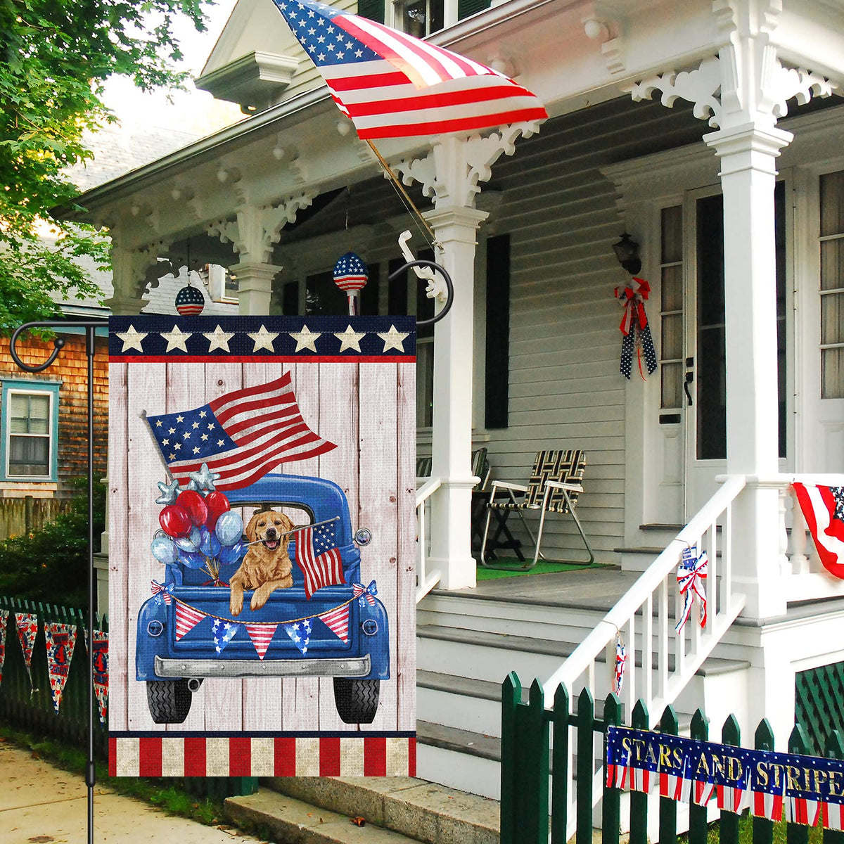 Louise Maelys double-sided patriotic flag clearly readable from both directions outdoors