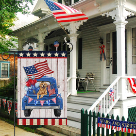 Louise Maelys double-sided patriotic flag clearly readable from both directions outdoors
