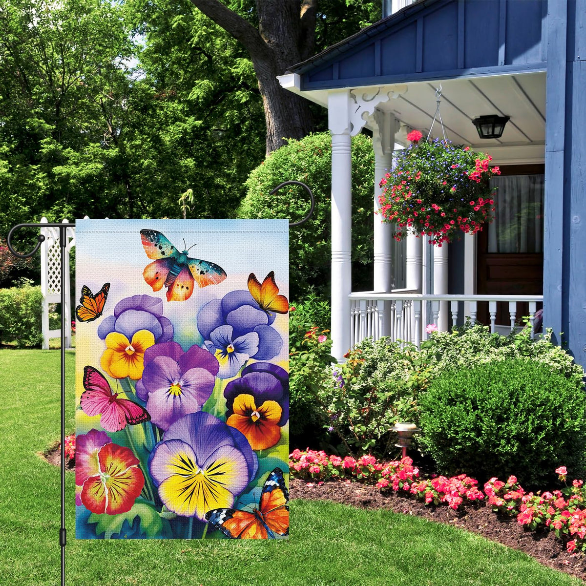 Louise Maelys floral butterfly pansy motif flag, vivid colors for yard cheer.