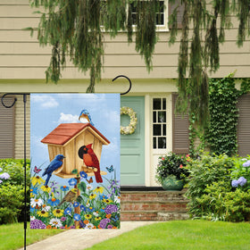 Louise Maelys floral cardinal birdhouse design flag adds seasonal charm to porches, lawns, and gardens.