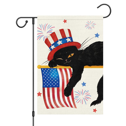 Louise Maelys black-cat-welcome flag shown from both sides for yard display