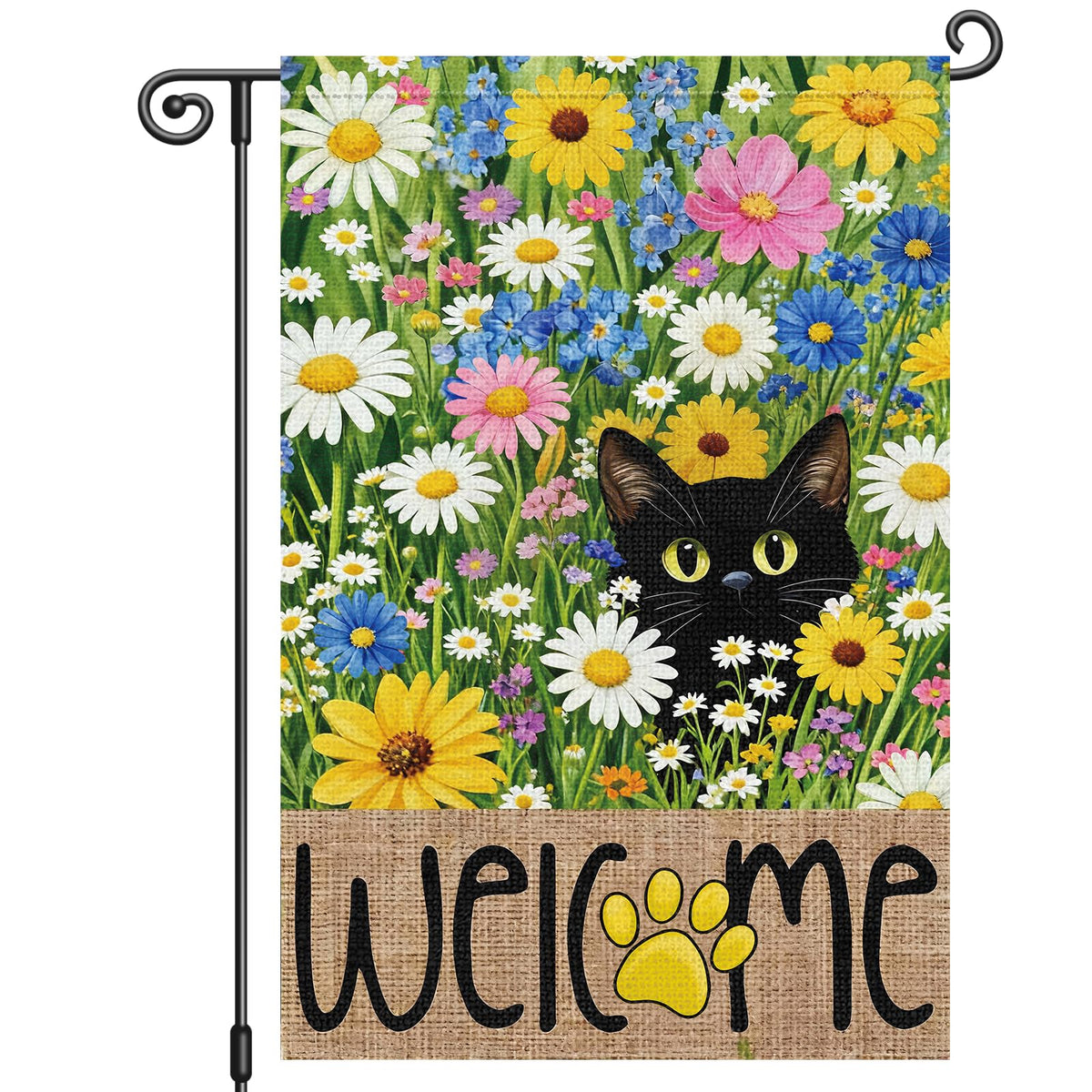 Louise Maelys garden flag with daisy and black cat motif for welcoming outdoor spaces.