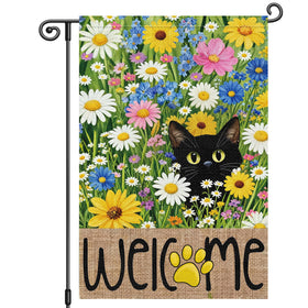 Louise Maelys garden flag with daisy and black cat motif for welcoming outdoor spaces.