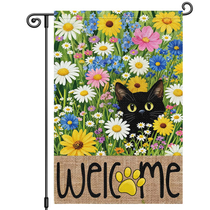 Louise Maelys garden flag with daisy and black cat motif for welcoming outdoor spaces.
