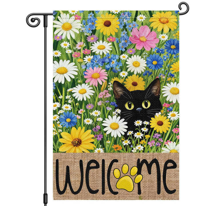 Louise Maelys garden flag with daisy and black cat motif for welcoming outdoor spaces.