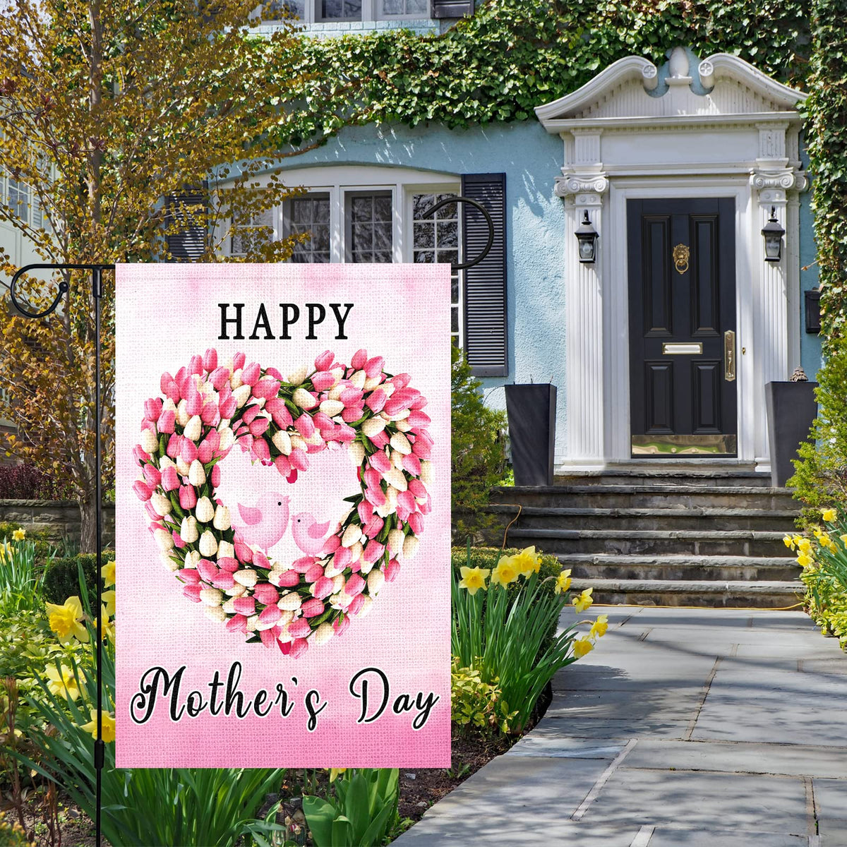 Louise Maelys garden flag with pink burlap tulip wreath for spring decor.