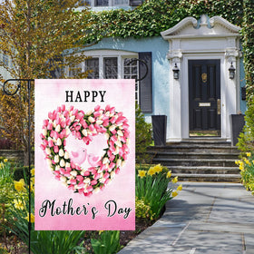 Louise Maelys garden flag with pink burlap tulip wreath for spring decor.