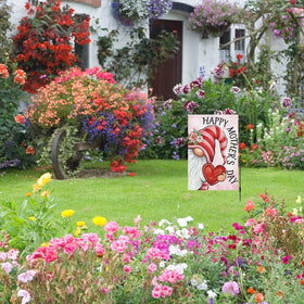 Louise Maelys garden gnome motif detail highlights durable, vibrant outdoor flag design