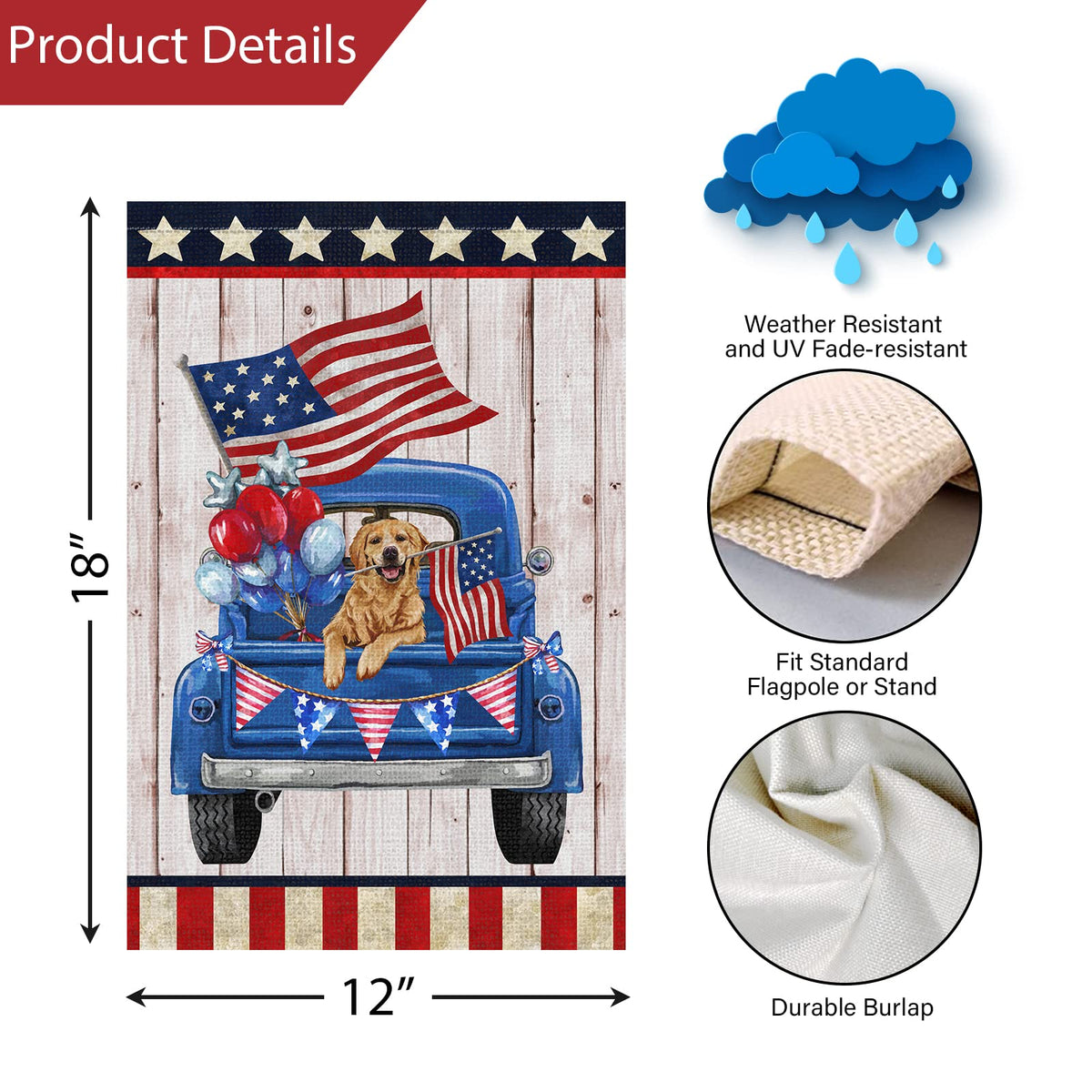 Louise Maelys flag features a golden retriever design for festive charm