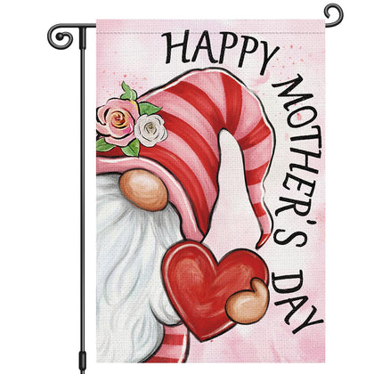 Louise Maelys Happy Mother's Day flag front view with gnome motif for outdoor decor and curb appeal