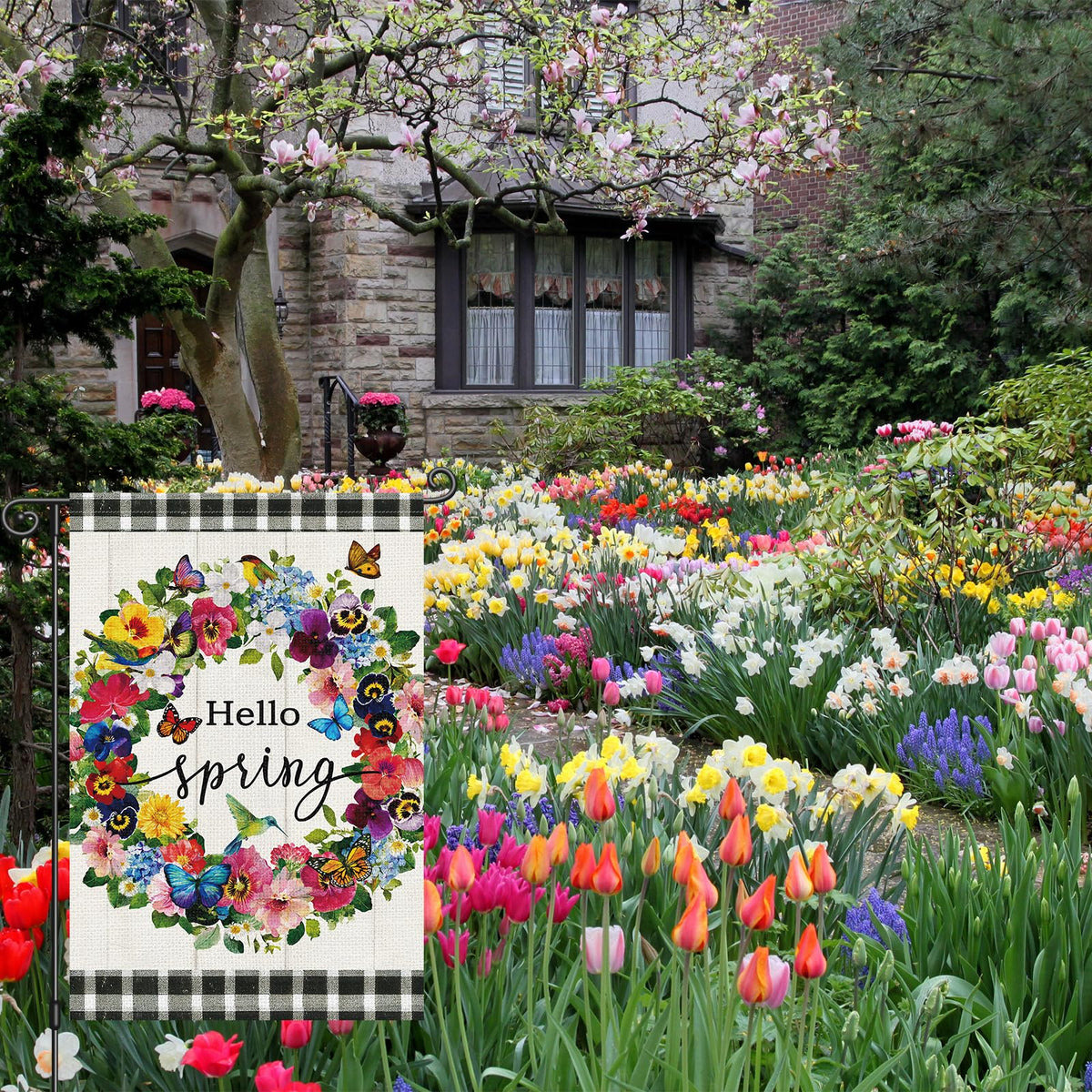 Louise Maelys Hello Spring flag showing double sided design for versatile viewing.