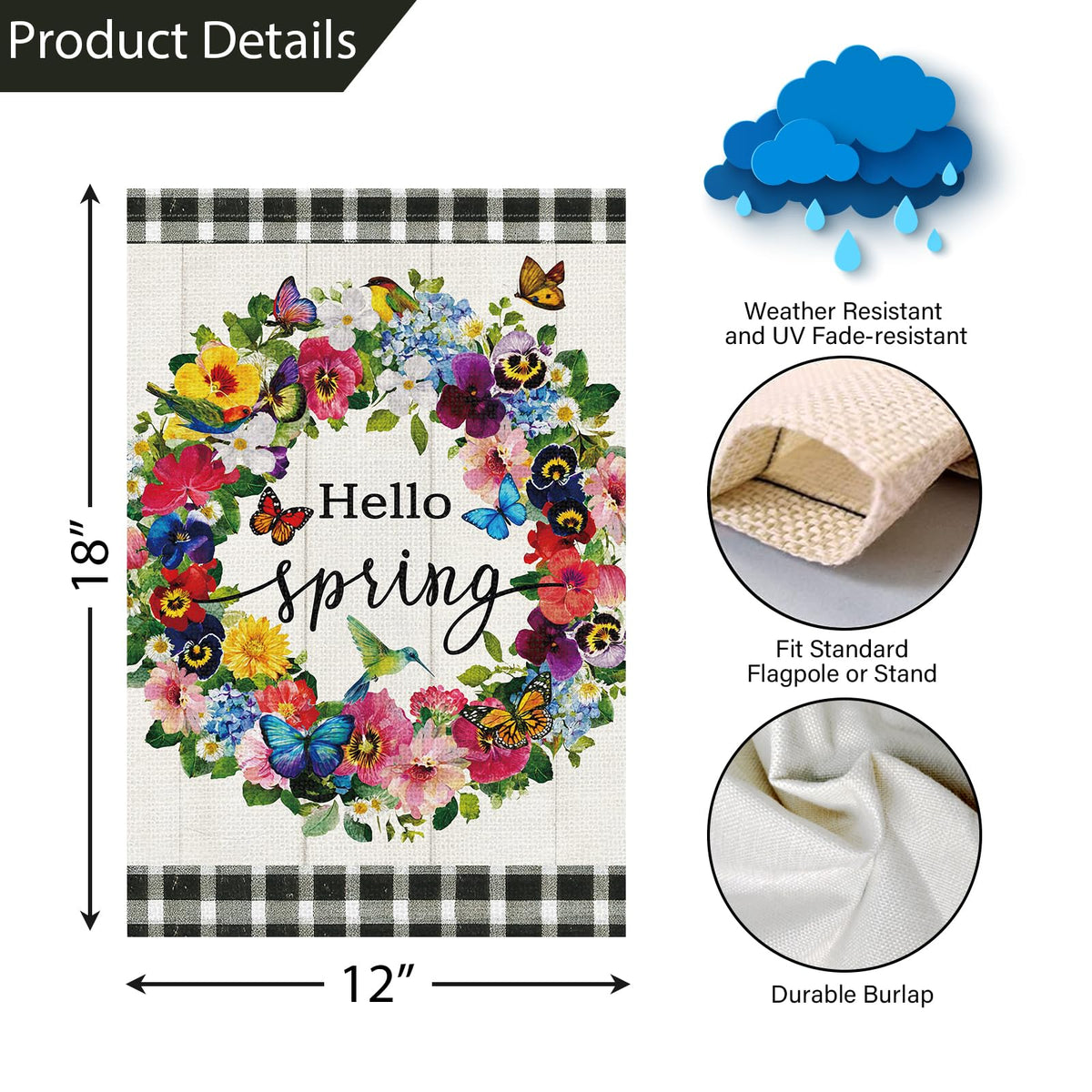 Louise Maelys Hello Spring flag featuring floral plaid motif for yard decor.