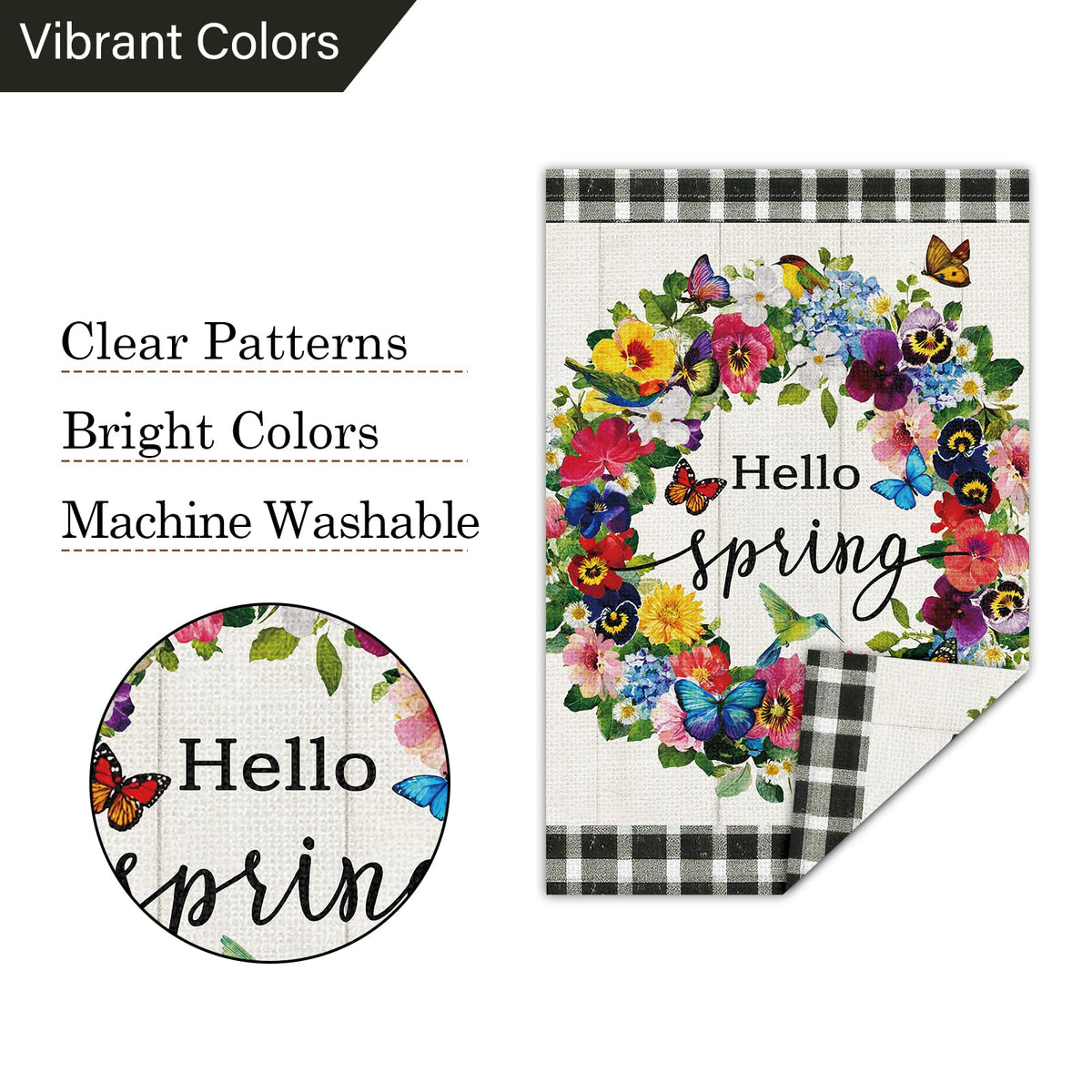 Louise Maelys Hello Spring flag displayed on garden porch for seasonal charm.