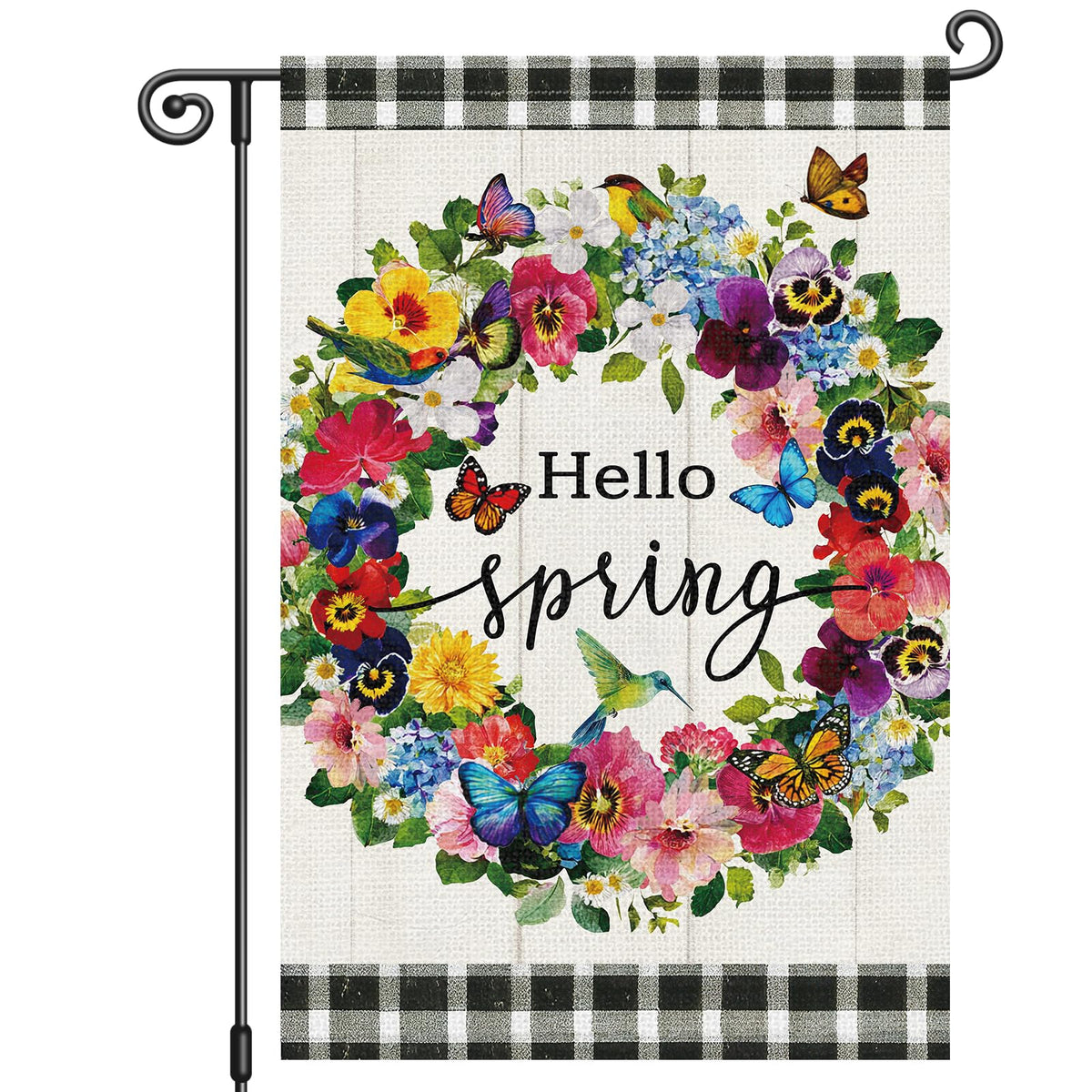Louise Maelys Hello Spring flag with pansy and butterfly for outdoor curb appeal.