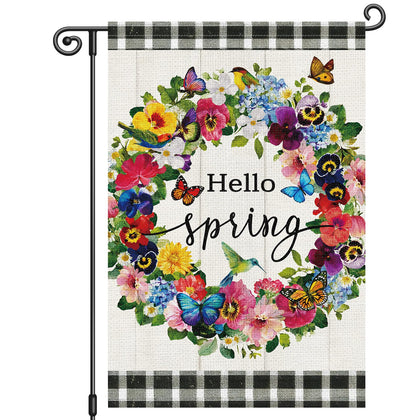 Louise Maelys Hello Spring flag with pansy and butterfly for outdoor curb appeal.
