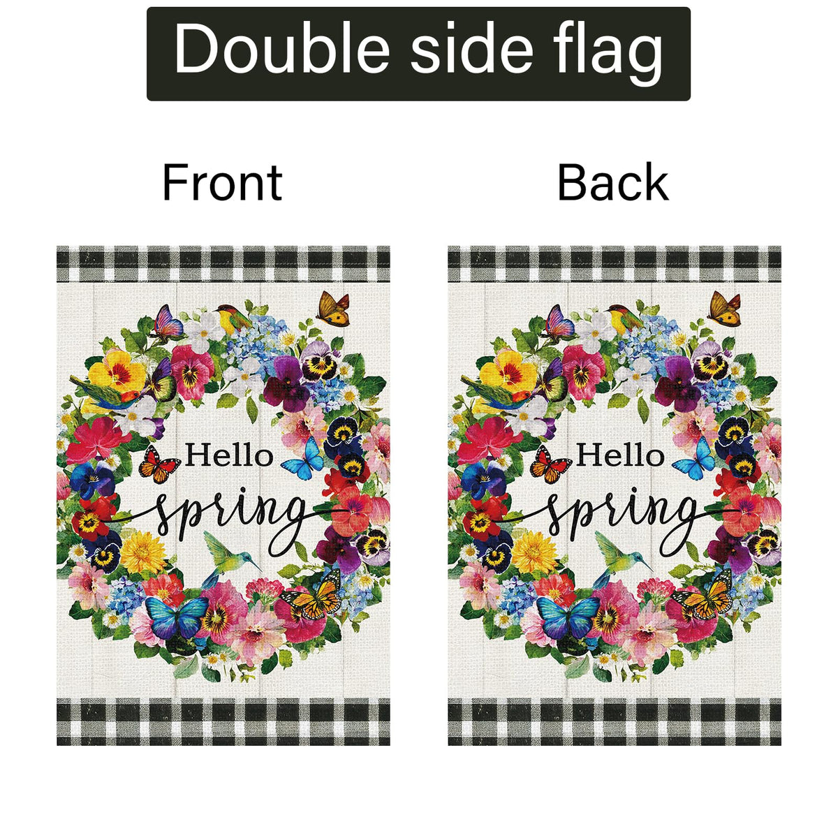 Louise Maelys Hello Spring flag in a yard setting announcing spring welcome.