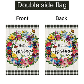 Louise Maelys Hello Spring flag in a yard setting announcing spring welcome.