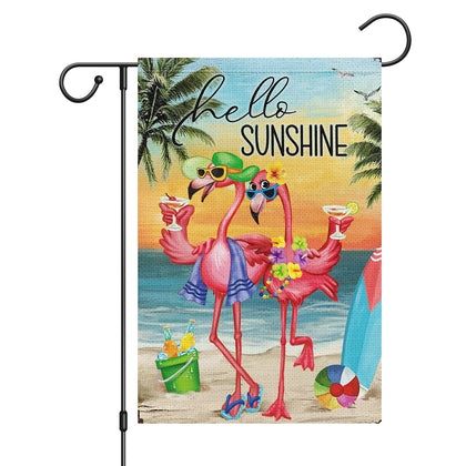 Louise Maelys Hello Sunshine flag with flamingo couple for tropical curb appeal and welcome.