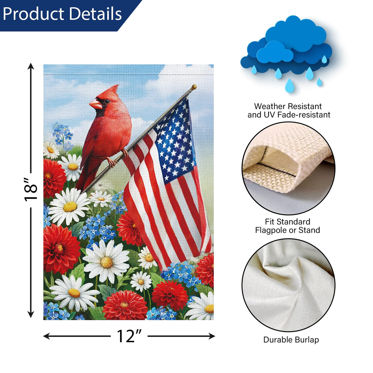 Louise Maelys Independence Day yard decor flag with cardinal accents
