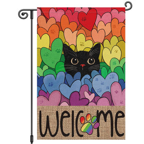 Louise Maelys Pride flag with rainbow colors and black cat for outdoor Pride decor