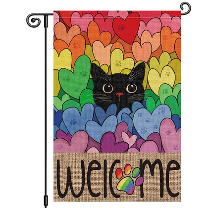 Louise Maelys Pride flag with rainbow colors and black cat for outdoor Pride decor