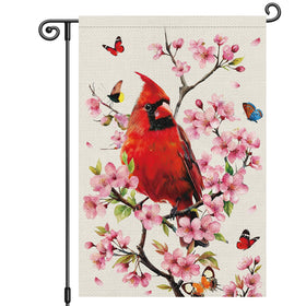 Louise Maelys spring floral garden flag with cardinal and butterfly boosts curb appeal.