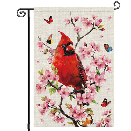 Louise Maelys spring floral garden flag with cardinal and butterfly boosts curb appeal.