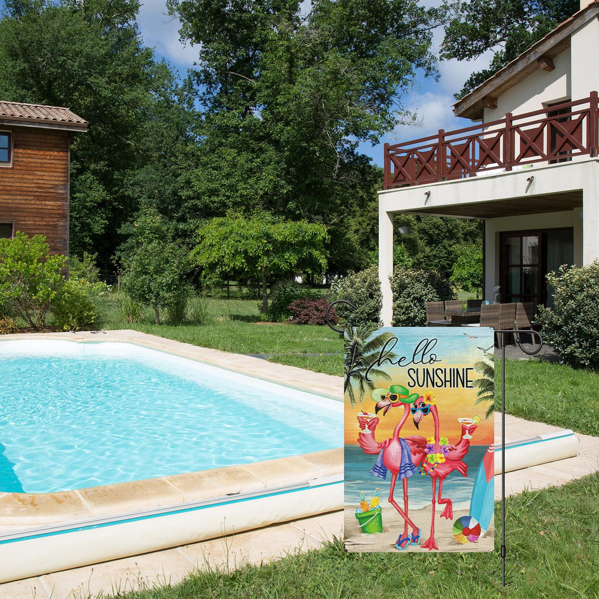 Palm trees and bright colors elevate outdoor spaces with a carefree summer vibe.