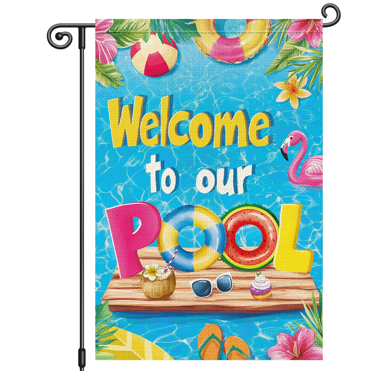 Louise Maelys flag with pool welcome motif on burlap for outdoor use