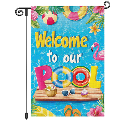 Louise Maelys flag with pool welcome motif on burlap for outdoor use