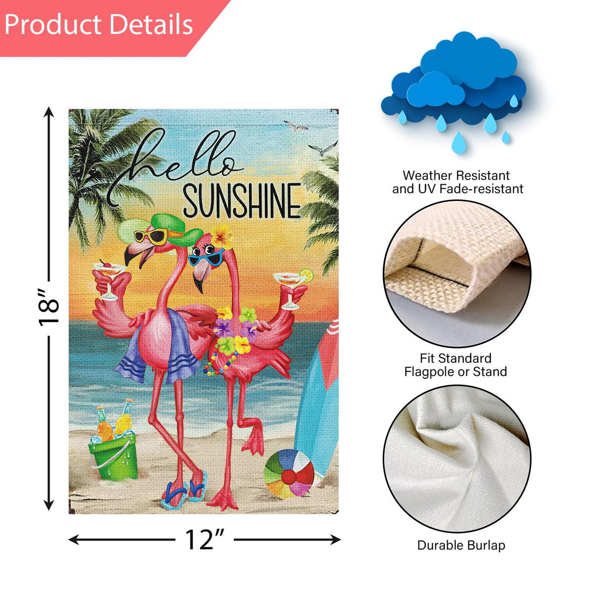 Welcome flamingos flag by Louise Maelys adds festive contrast to entryways.