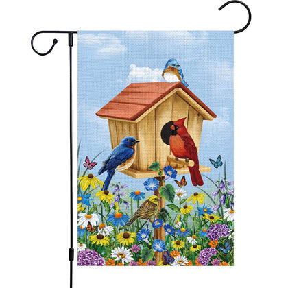 Louise Maelys Welcome Spring Bird Garden Flag 12x18 with double-sided printing for versatile outdoor display.