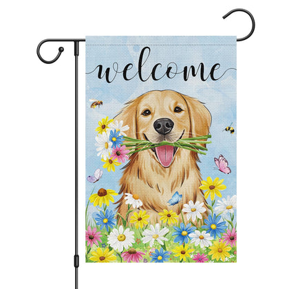 Louise Maelys flag with golden retriever and daisies for outdoor charm