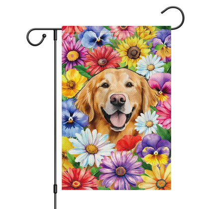 Louise Maelys welcome spring golden retriever flag shows a cheerful floral scene for yard display.