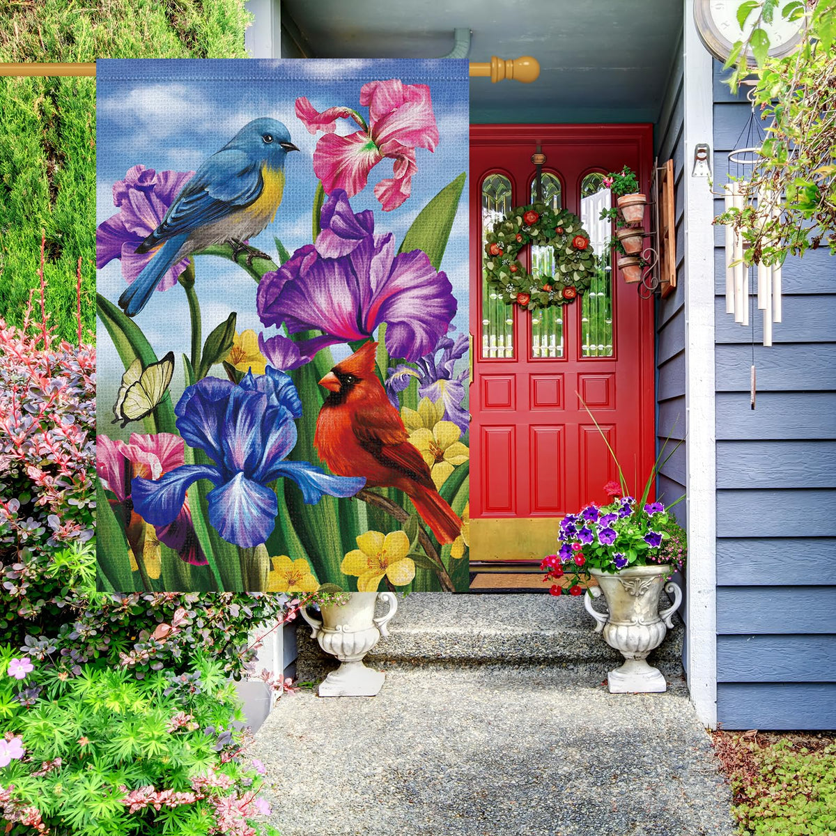 Louise Maelys Welcome Spring flag back side shows same vivid design for double visibility