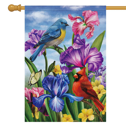 Louise Maelys Welcome Spring flag front view with irises and cardinal birds, ideal outdoor decor