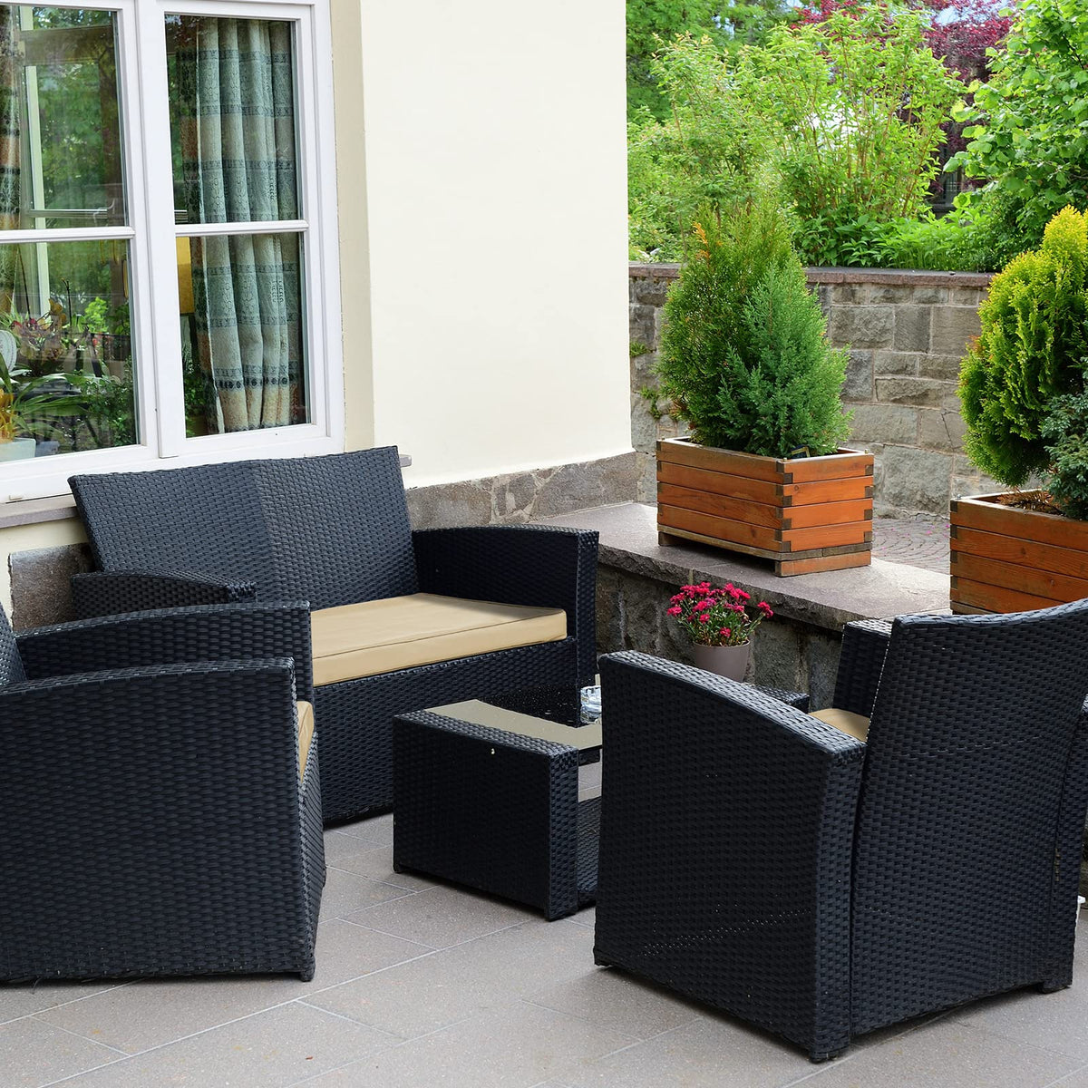 Lounsweer brown patio cushion cover set on furniture, ready for outdoor use.